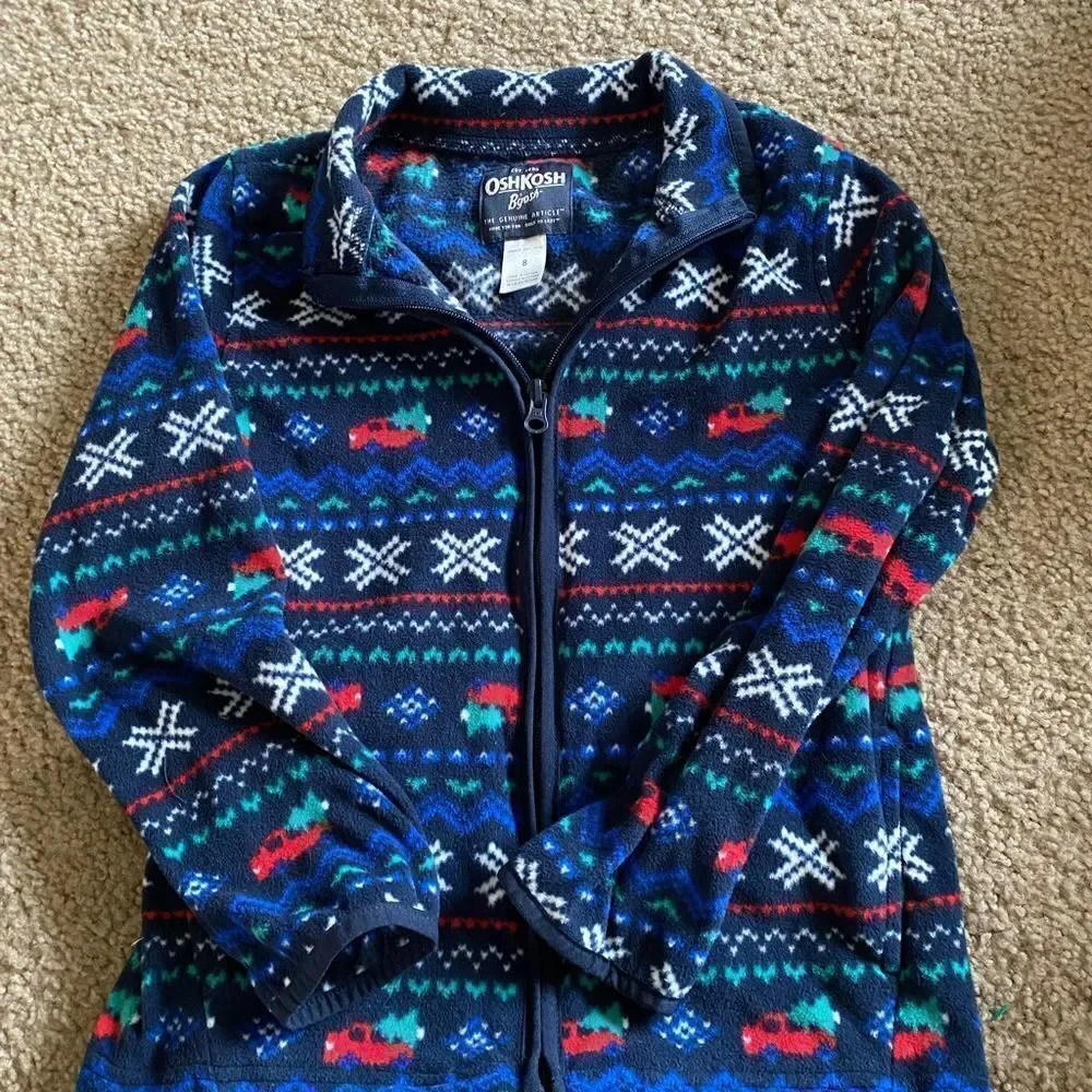 Boys OshKosh Red Truck and Christmas Tree Holiday Fleece Zip Up Jacket